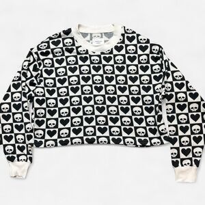 American Eagle Black & White Checkered Skull Cropped Sweater Womens Size XS